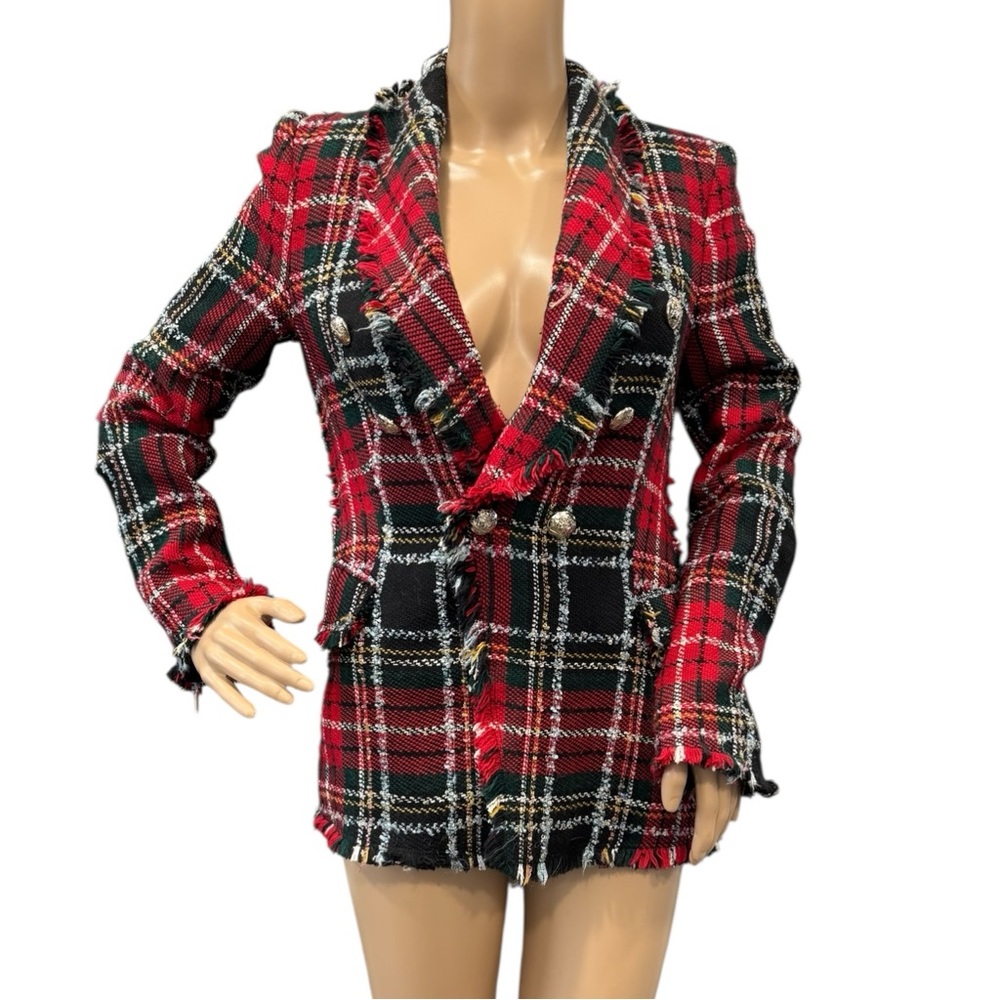Zara Blazer Womens Size XS Plaid Double-Breasted Tweed Tartan Red Black Plaid